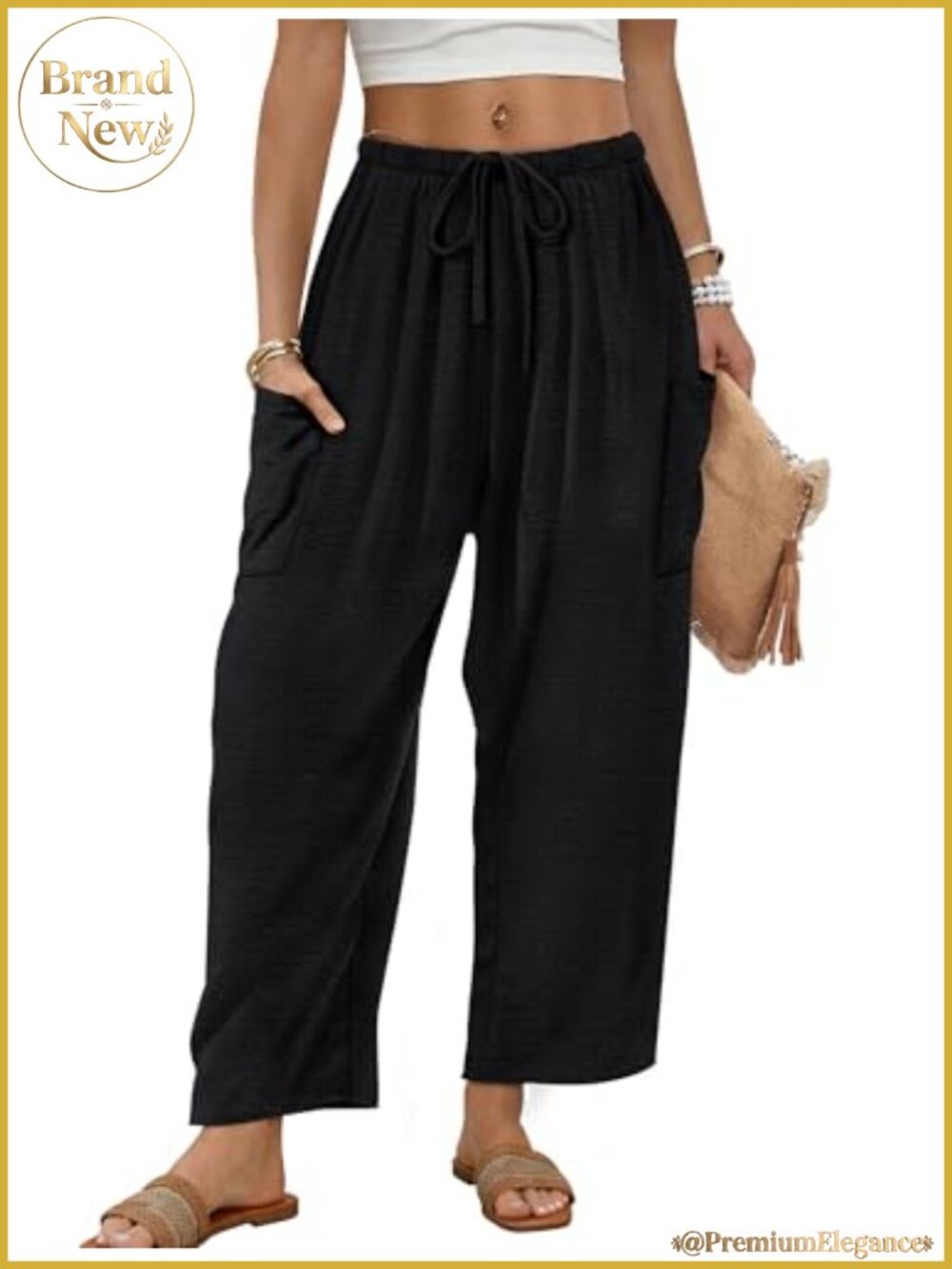 Wide Leg Palazzo Pants Elastic Waist Drawstring Trousers with Pockets Summer